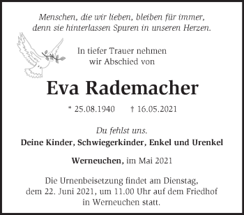 Traueranzeige von Eva Rademacher von Märkische Oderzeitung