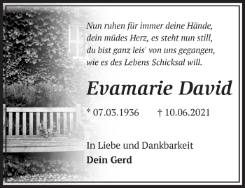 Traueranzeige von Evamarie David von Märkische Oderzeitung