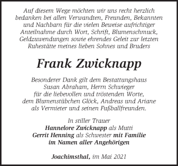 Traueranzeige von Frank Zwicknapp von Märkische Oderzeitung