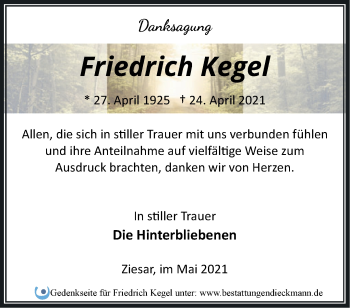 Traueranzeige von Friedrich Kegel von Märkische Oderzeitung