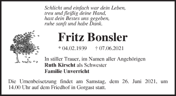 Traueranzeige von Fritz Bonsler von Märkische Oderzeitung