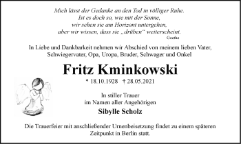 Traueranzeige von Fritz Kminkowski von Märkische Oderzeitung