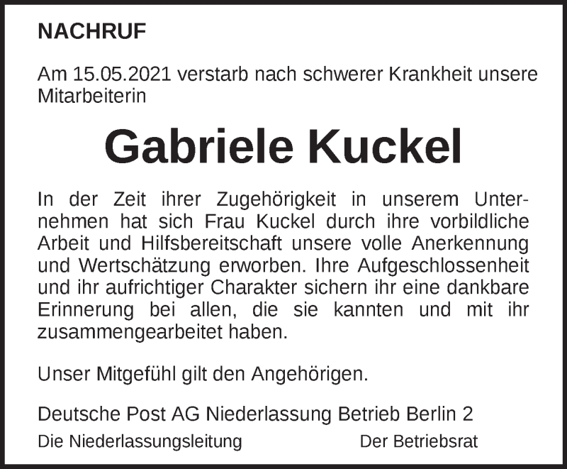  Traueranzeige für Gabriele Kuckel vom 15.06.2021 aus Märkische Oderzeitung