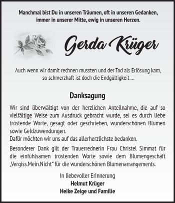 Traueranzeige von Gerda Krüger von Märkische Oderzeitung