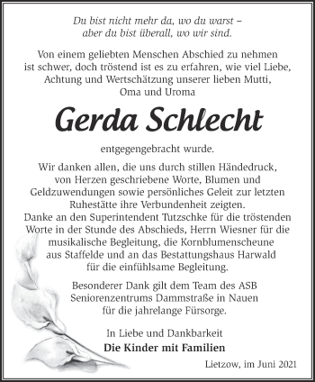 Traueranzeige von Gerda Schlecht von Märkische Oderzeitung