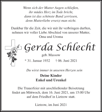 Traueranzeige von Gerda Schlecht von Märkische Oderzeitung