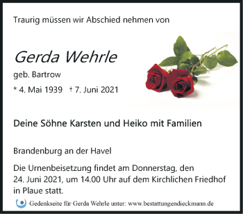 Traueranzeige von Gerda Wehrle von Märkische Oderzeitung