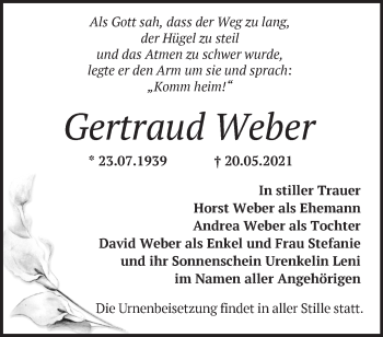 Traueranzeige von Gertraud Weber von Märkische Oderzeitung