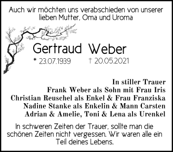 Traueranzeige von Gertraud Weber von Märkische Oderzeitung