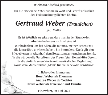 Traueranzeige von Gertraud Weber von Märkische Oderzeitung