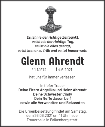 Traueranzeige von Glenn Ahrendt von Märkische Oderzeitung