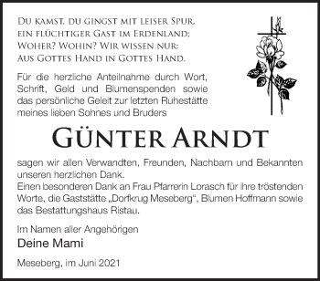 Traueranzeige von Günter Arndt von Märkische Oderzeitung