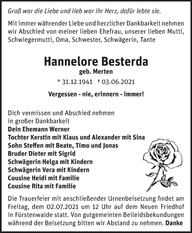  Traueranzeige für Hannelore Besterda vom 20.06.2021 aus Märkische Oderzeitung