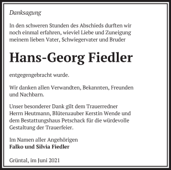 Traueranzeige von Hans-Georg Fiedler von Märkische Oderzeitung