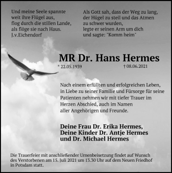 Traueranzeige von Hans Hermes von Märkische Oderzeitung