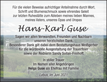 Traueranzeige von Hans-Karl Guse von Märkische Oderzeitung