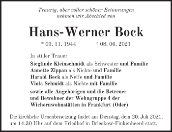 Traueranzeige von Hans-Werner Bock von Märkische Oderzeitung