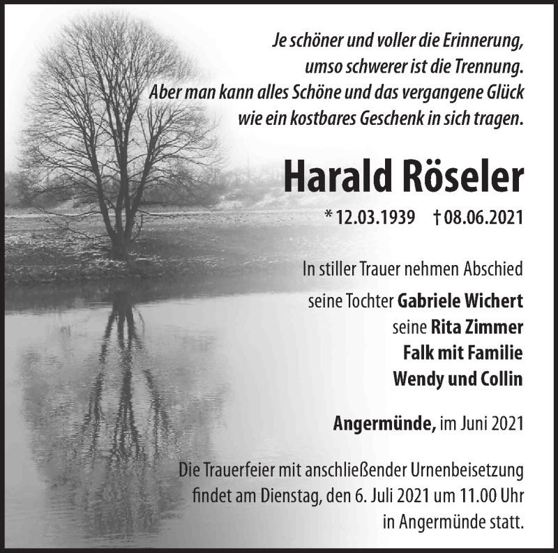  Traueranzeige für Harald Röseler vom 19.06.2021 aus Märkische Oderzeitung