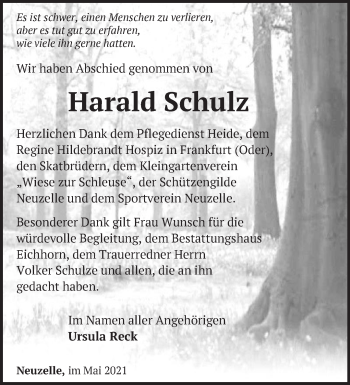 Traueranzeige von Harald Schulz von Märkische Oderzeitung