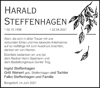 Traueranzeige von Harald Steffenhagen von Märkische Oderzeitung