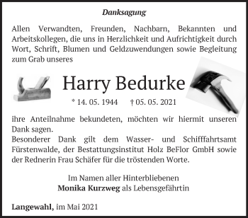 Traueranzeige von Harry Bedurke von Märkische Oderzeitung