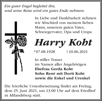 Traueranzeige von Harry Koht von Märkische Oderzeitung