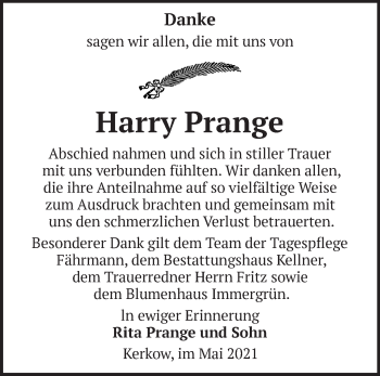 Traueranzeige von Harry Prange von Märkische Oderzeitung