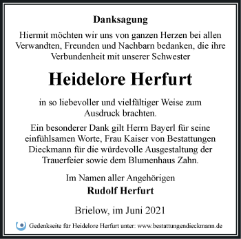 Traueranzeige von Heidelore Herfurt von Märkische Oderzeitung