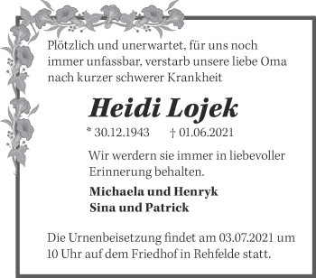 Traueranzeige von Heidi Lojek von Märkische Oderzeitung