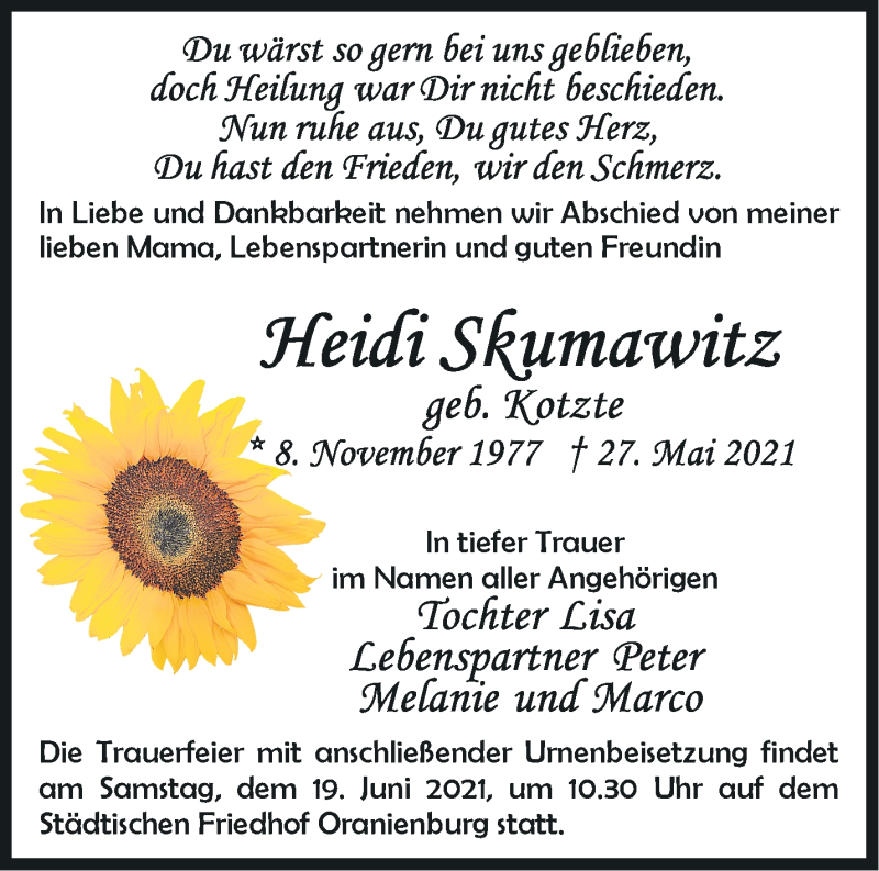  Traueranzeige für Heidi Skumawitz vom 05.06.2021 aus Märkische Oderzeitung