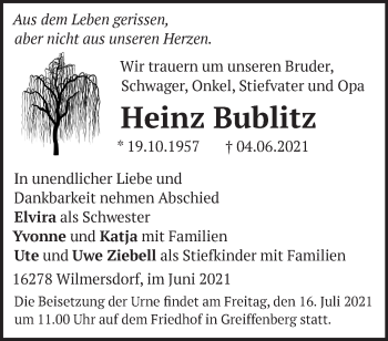 Traueranzeige von Heinz Bublitz von Märkische Oderzeitung