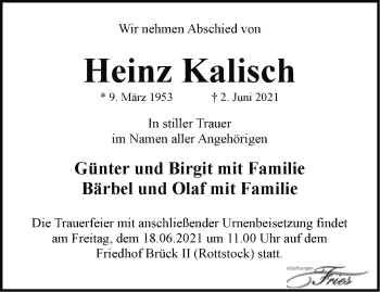 Traueranzeige von Heinz Kalisch von Märkische Oderzeitung