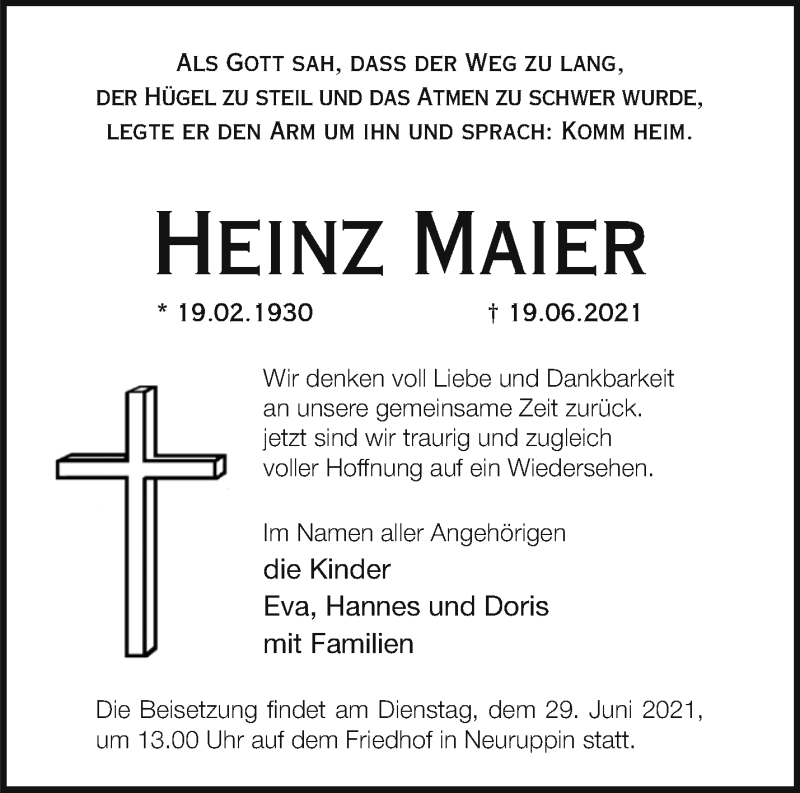  Traueranzeige für Heinz Maier  vom 26.06.2021 aus Märkische Oderzeitung