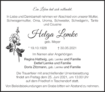 Traueranzeige von Helga Lemke von Märkische Oderzeitung