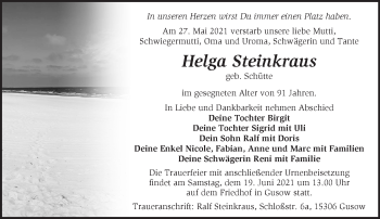 Traueranzeige von Helga Steinkraus von Märkische Oderzeitung