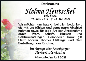 Traueranzeige von Helma Hentschel von Märkische Oderzeitung