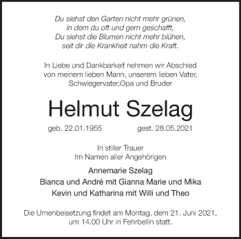 Traueranzeige von Helmut Szelag von Märkische Oderzeitung