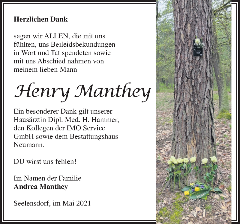  Traueranzeige für Henry Manthey vom 06.06.2021 aus Märkische Oderzeitung