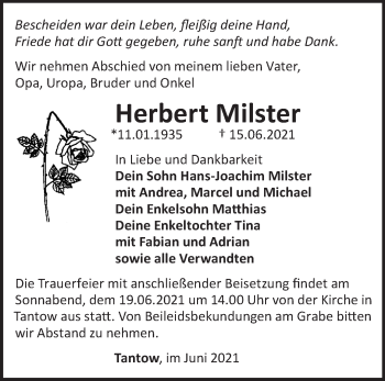 Traueranzeige von Herbert Milster von Märkische Oderzeitung