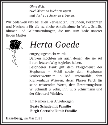 Traueranzeige von Herta Goede von Märkische Oderzeitung