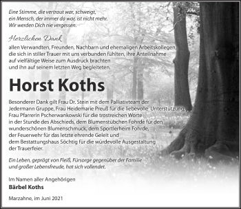 Traueranzeige von Horst Koths von Märkische Oderzeitung