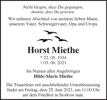 Traueranzeige von Horst Miethe von Märkische Oderzeitung