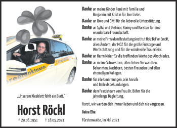 Traueranzeige von Horst Röckl von Märkische Oderzeitung