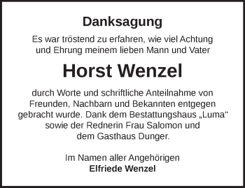 Traueranzeige von Horst Wenzel von Märkische Oderzeitung