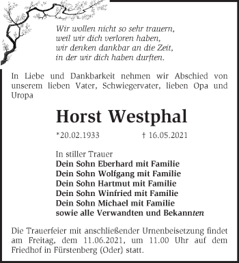 Traueranzeige von Horst Westphal von Märkische Oderzeitung