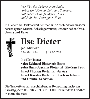 Traueranzeige von Ilse Dieter von Märkische Oderzeitung