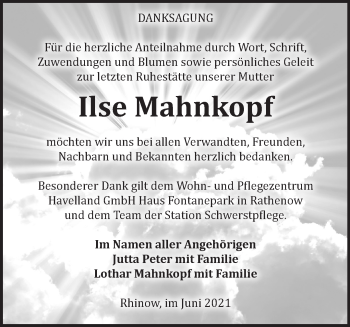 Traueranzeige von Ilse Mahnkopf von Märkische Oderzeitung