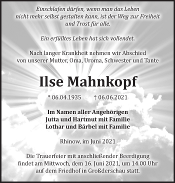 Traueranzeige von Ilse Mahnkopf von Märkische Oderzeitung