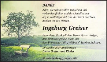 Traueranzeige von Ingeburg Greiser von Märkische Oderzeitung