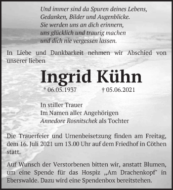 Traueranzeige von Ingrid Kühn von Märkische Oderzeitung